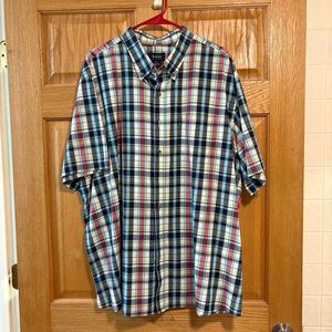 Harbor Bay Men’s 2XL Blue Red Black Cream Plaid Button Down Casual Short Sleeve